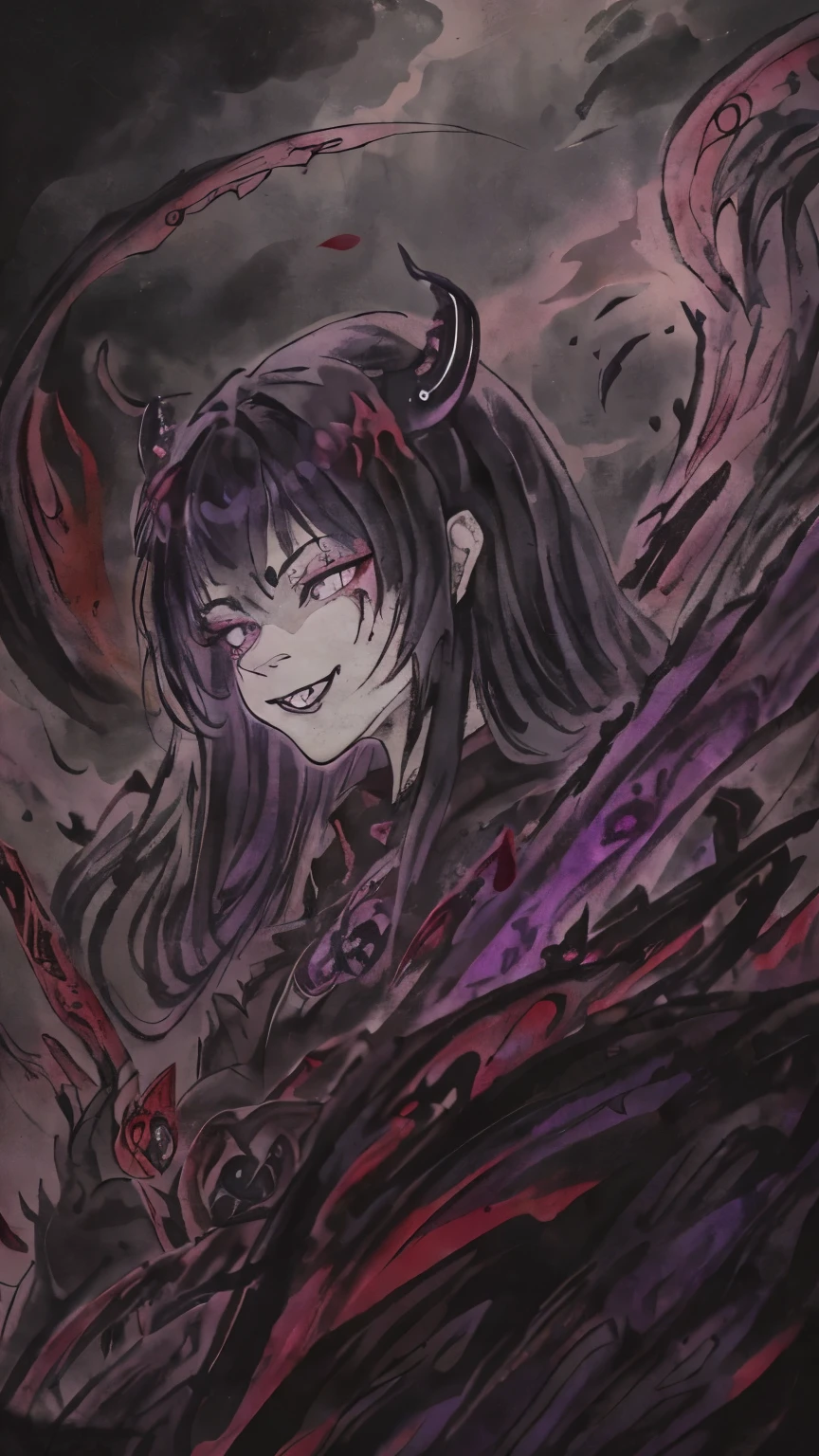 Priestess, black long hair, dark circles under eyes, cold eyes, narrowed eyes, purple eyes, black long flowing garments, wide smile, covered in blood, slightly, ominous feeling, , laying on table,,