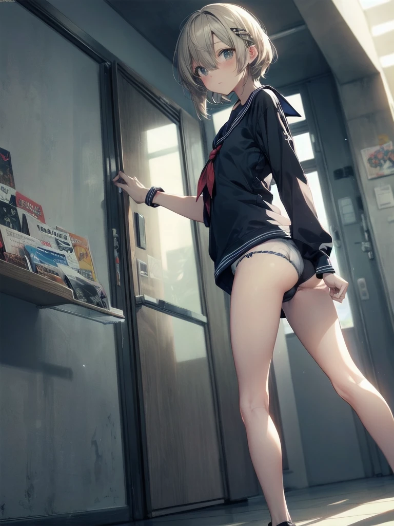 Highest quality, Anime Moe Art Style,Best Anime 8K Konachan Wallpaper,pixiv contest winners,Perfect Anatomy, (obscene,lure,Get naked,Beautiful, long legs ),break, 1 Girl, (alone,,,:1.3),high female underwear, short hair, amount, (Hair above one eye:1.7),All limbs, Full Finger,Big breasts, Between the legs, Small eyes,accurate black eyes, Hair Clip, (Sailor suit:1.5),(female underwear:1.5) skirt,bed room. break,Very detailed,High resolution,ultra high density skin, Professional Lighting,8K eye detail, (Cute illustrations:1.2),hair,Expressionless,(Hair on one eye:1.5),Sailor suitlure,Spread your legs and wait.Big breasts,female underwear,i