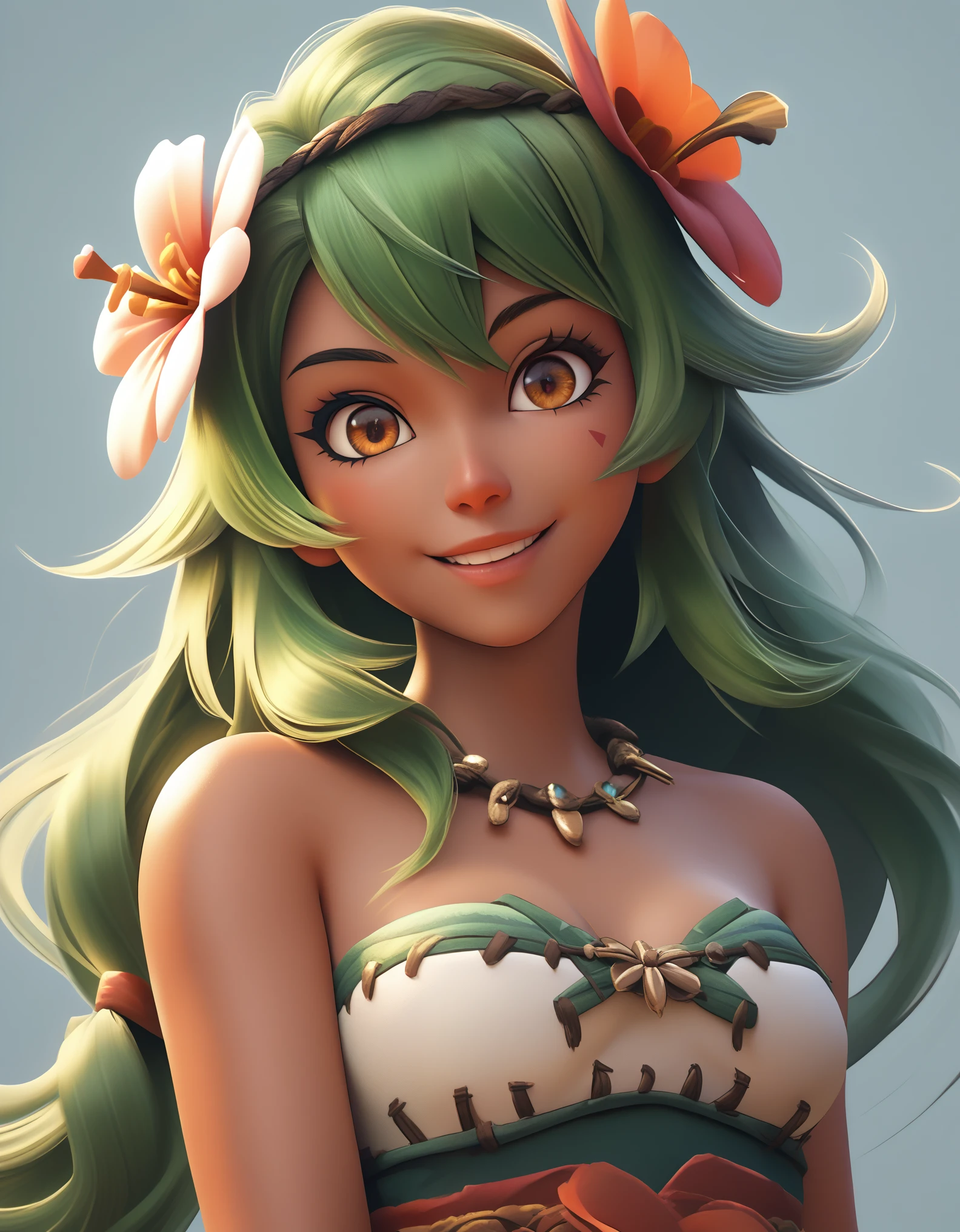 score_9, score_8_up, score_7_up, score_6_up, BREAK, source_cartoon, source_anime, 1girl, SadidaDG, amalia sheran sharm,, green hair, long hair, hair flower, dark skin, bare shoulders, tube top, upper body, smile, looking at viewer, solo, simple background