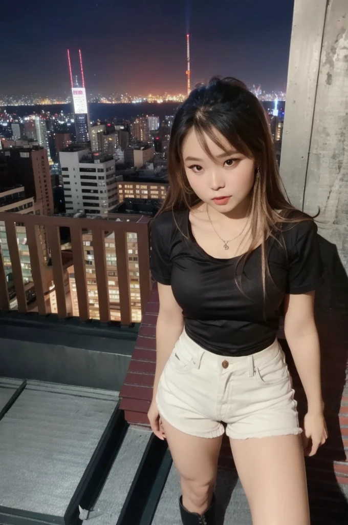 ((Midnight, highest quality, 8k, masterpiece :1.3)), whole body, Long legs, Sharp focus :1.2, Beautiful woman with perfect figure :1.4, Slim Abs :1.1, ((Dark brown hair, small Breasts :1.2)), (White tight T-shirt, shorts Jeans, Are standing:1.2), ((Night city view, rooftop:1.3)), Highly detailed face and skin texture, Fine grain, Double eyelids one girl,highest quality,masterpiece,figure,Very delicate and beautiful,CG,Unity,8k wallpaper,wonderful,In detail,masterpiece,Official Art,Very detailed CG Unity 8k wallpaper,Incredibly absurd,Large file size,Very detailedな,High resolution,Very detailed,Beautiful detailed girl,Realistic,from the front,Outdoor, Knee-high socks, bangs, Black boots