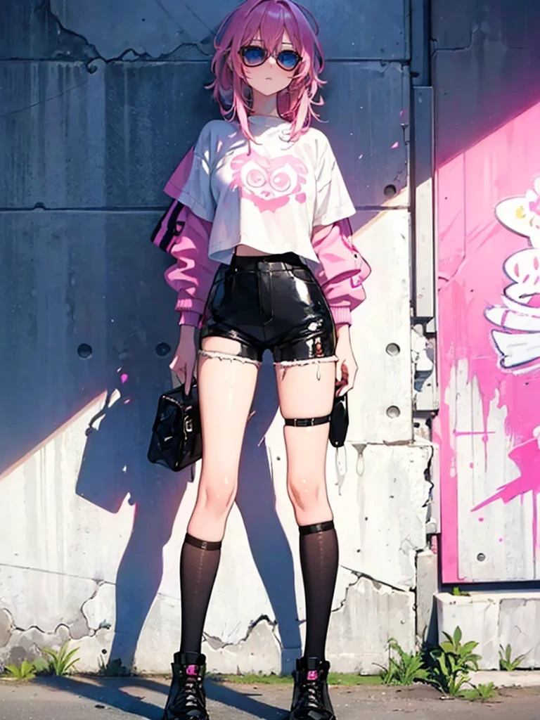 (masterpiece), (best quality), (Extremely detailed),(Messy hair),(illustration), (1 Girl),Pink Hair ,Straight Hair,(sunglasses),(Eyes exposed),Black leather pants,shorts,Street art,spray coating,fashion model, Looking at the audience, (full-body shot),Beautiful and delicate eyes, Delicate and beautiful face,