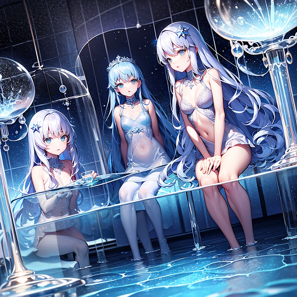 ((inside a big glass ball))(underwater) (floating bubbles) Under the sea ((fantastic starry sky )) (jellyfish) (Healing)((little)) (transparent dress)(sit)