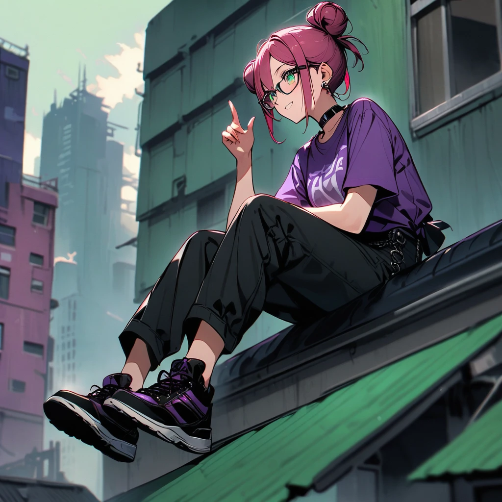 (well done: 1) woman, dark pink hair with light green tips tied into two low double buns, green eyes, earrings, glasses, black leather choker, purple t-shirt, dark green shorts, black sneakers.  sitting on top of a building