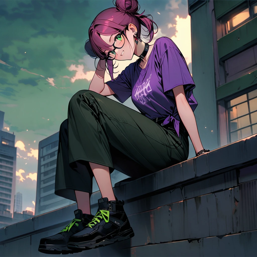 (well done: 1) woman, dark pink hair with light green tips tied into two low double buns, green eyes, earrings, glasses, black leather choker, purple t-shirt, dark green shorts, black sneakers. sitting on top of a building