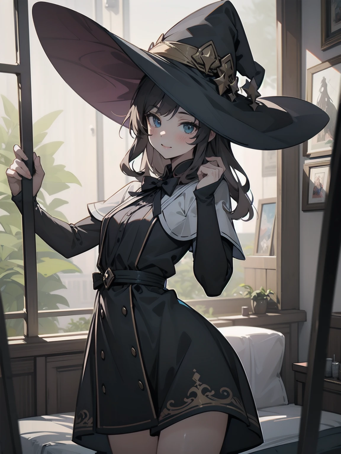 masterpiece, illustration, super detailed, kawaii, one girl, solo, witch in super cute pose, bed room, cowboy shot  ,sfw, Dynamic angle