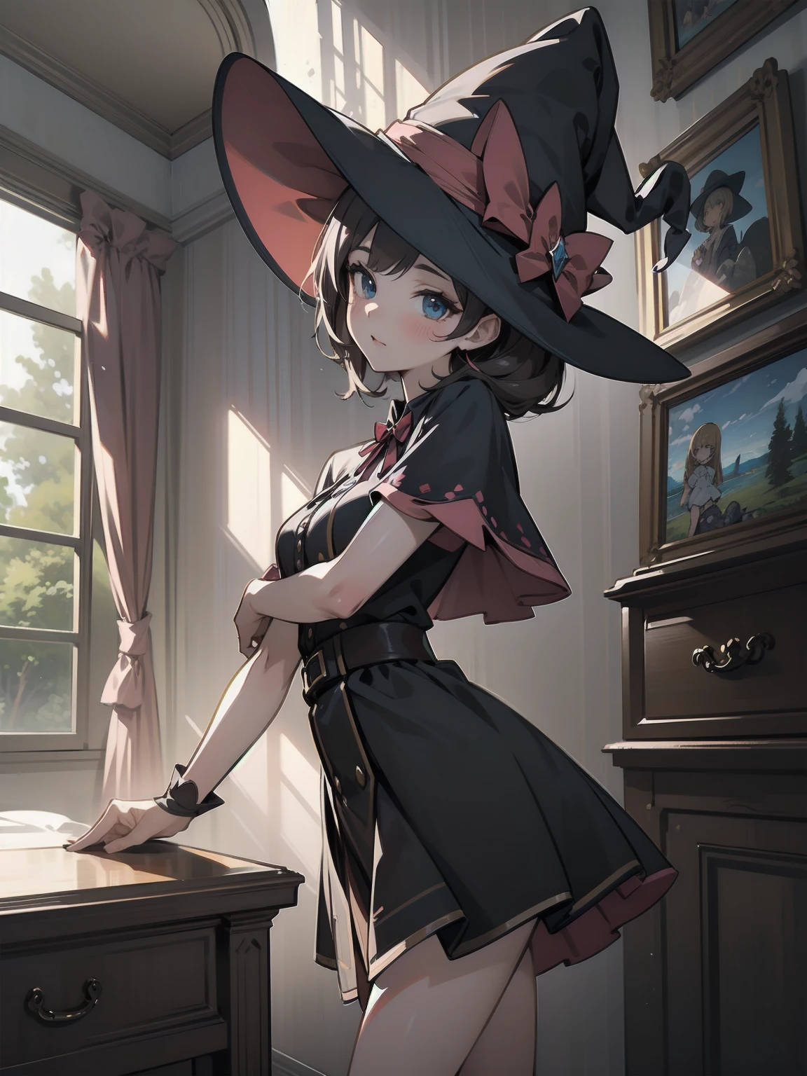 masterpiece, illustration, super detailed, kawaii, one girl, solo, witch in super cute pose, bed room, cowboy shot ,sfw, Dynamic angle