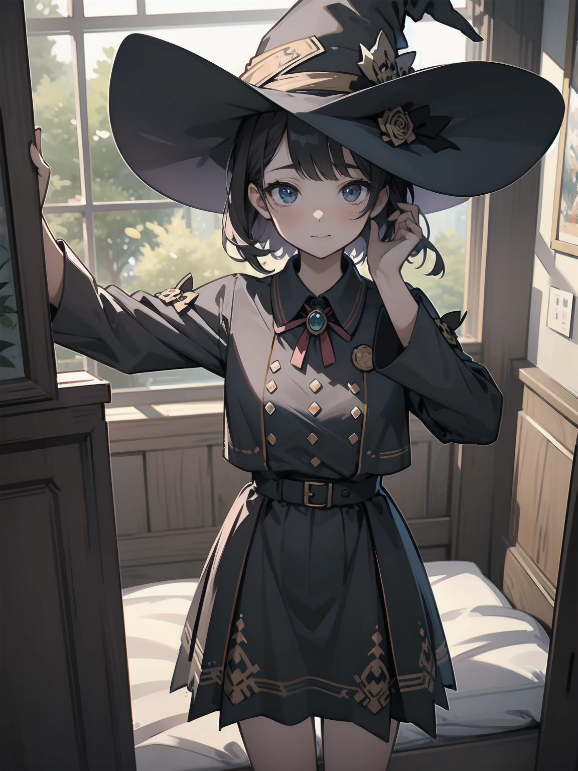 masterpiece, illustration, super detailed, kawaii, one girl, solo, witch in super cute pose, bed room, cowboy shot ,sfw, Dynamic angle