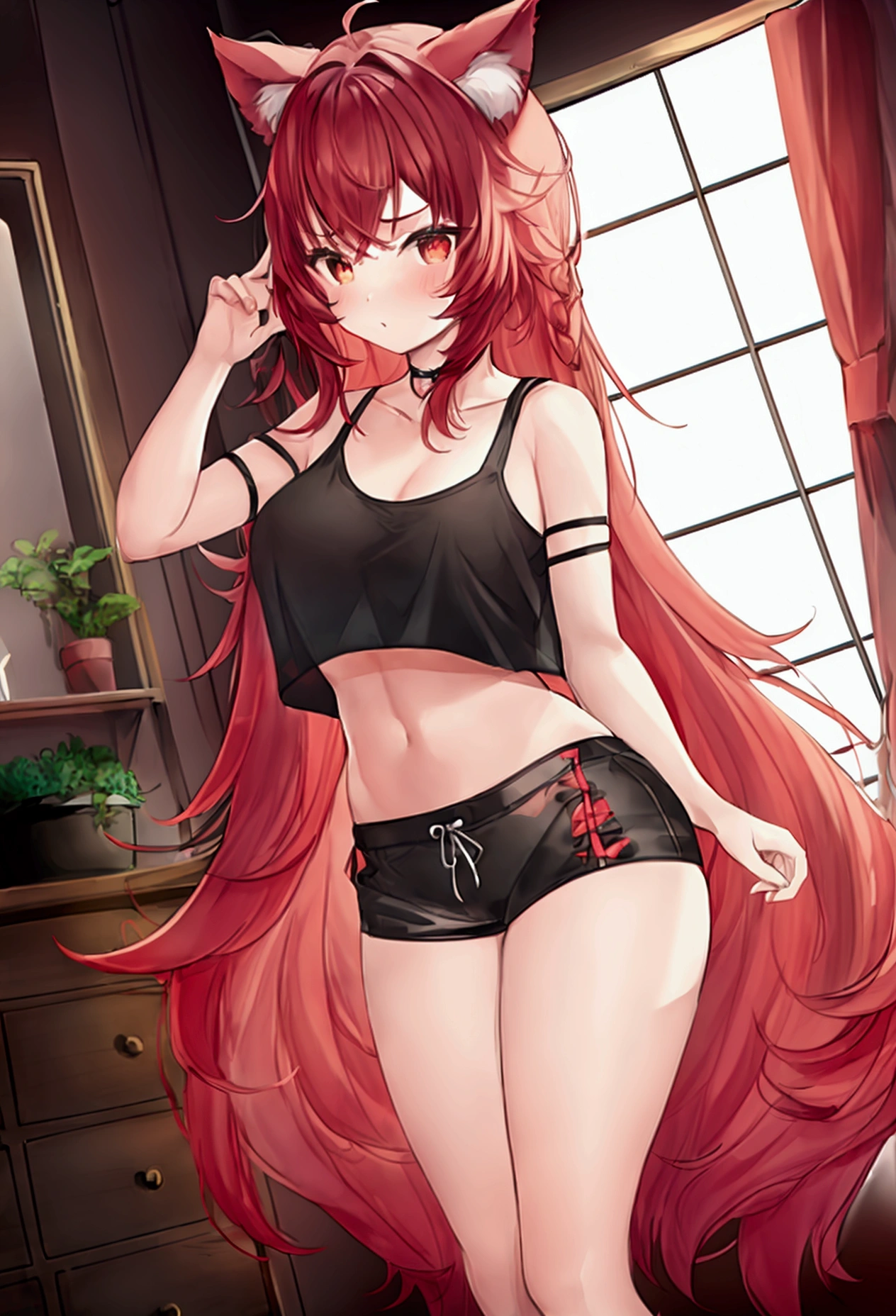 1 girl, short, redheadwear, very long and straight hair,with cat ears, big brown eyes, big-ass, smallbreast, wearing very short shorts and a shirt that reaches the chest with Harl written on it,in a bold position.(best 4k quality, vivid colors)
