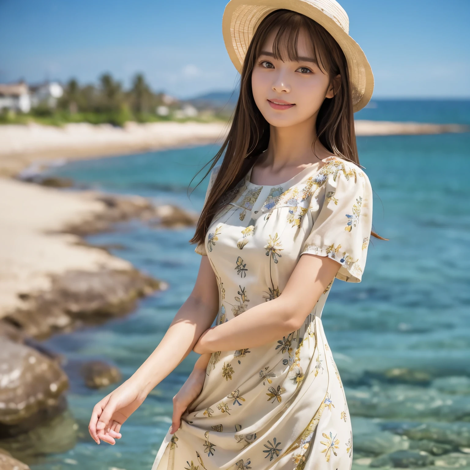 (Calm and gentle look:1.5), (Full Body Shot:1.1), (panorama:1.8), Cinema Lighting, ((Highest quality)), (RAW Photos, Highest quality), ( Realistic:1.4), realism, masterpiece, Very delicate and beautiful, Very detailed, 4k wallpaper, wonderful, finely, Very detailed CG unity 8k wallpaper, Very detailed, High resolution, Soft Light, Japanese, (one shot:1.9), (24-years-old:1.6), (Round face:1.2), (Fat:0.8), (A neat and clean woman:1.5), Beautiful detailed woman,Famous Japanese actresses, Detailed face, finelyて美しい目, Very detailedな目と顔, Beautiful eyes and a beautifully detailed nose, Ultra HD glossy lips, ( Straight Hair:1.4), Shiny Hair, Shiny Hair, Brown Hair, (bangs:1.4), Long, slender legs, Toned body, (Smiling:1.2), Natural Makeup, (LET IT PASS, Small floral pattern, Short sleeve dress:1.8), (A very intricate and elaborately decorated pale yellow dress:1.5), (Boater hat:1.2), Accentuate your body lines, (pumps:1.2), (Strolling along the beach:1.2), (Deep blue midsummer sky, cumulonimbus, The emerald green sea stretches out to the horizon:1.3),