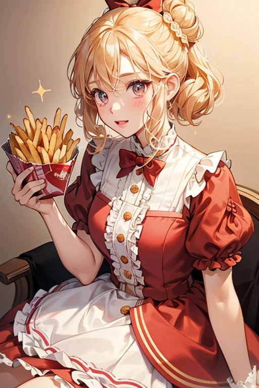 Fries is a fair-skinned girl with black button eyes and pink cheeks. She has curly, gold blonde hair in a high bun that looks like French fries. She wears a big bow that looks like waffle fries. She has a white shirt covered by a ketchup red dress with fry-like frills. SPARKLE; GLITTER