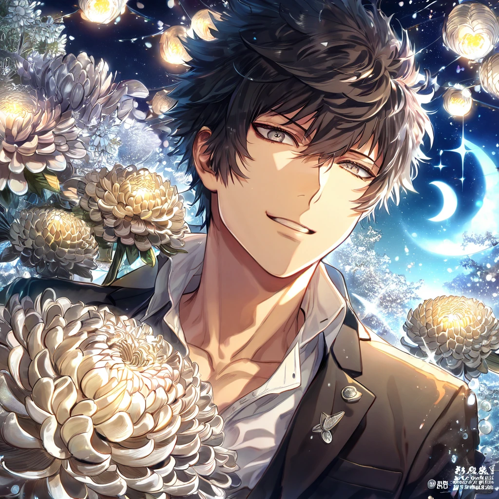 absurdres, highres, ultra detailed, HDR, master piece, best quality, extremely detailed, Kougami Shinya, black hair, expressive gray eyes, Psycho Pass, solo, sexy man, handsome, smile, black jacket, white shirt, fantasy, water, sparkling, silver glittering fireflies, silver moon, silver blossoms, silver chrysanthemums, silver sparkling lights, starry sky, magical