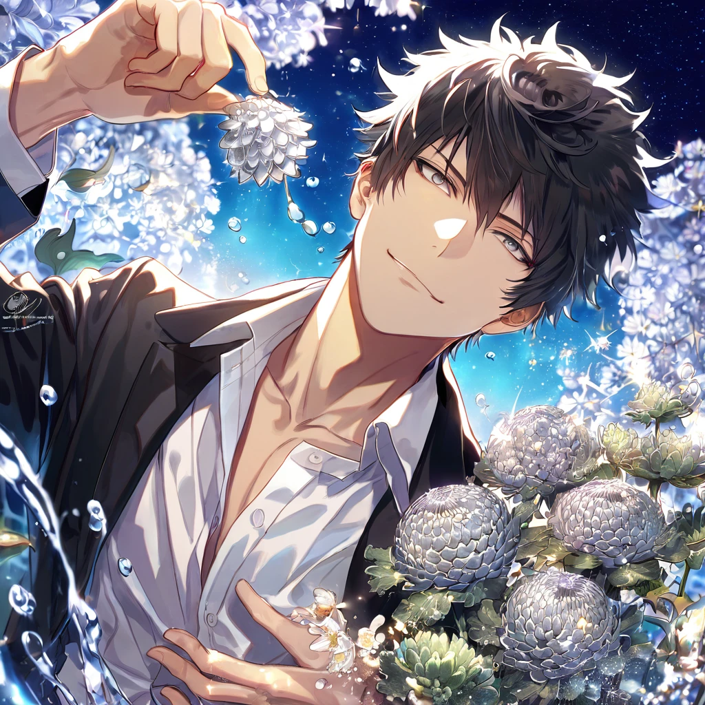 absurdres, highres, ultra detailed, HDR, master piece, best quality, extremely detailed, Kougami Shinya, black hair, expressive gray eyes, Psycho Pass, solo, sexy man, handsome, smile, black jacket, white shirt, fantasy, water, sparkling, silver glittering fireflies, silver moon, silver blossoms, silver chrysanthemums, silver sparkling lights, starry sky, magical