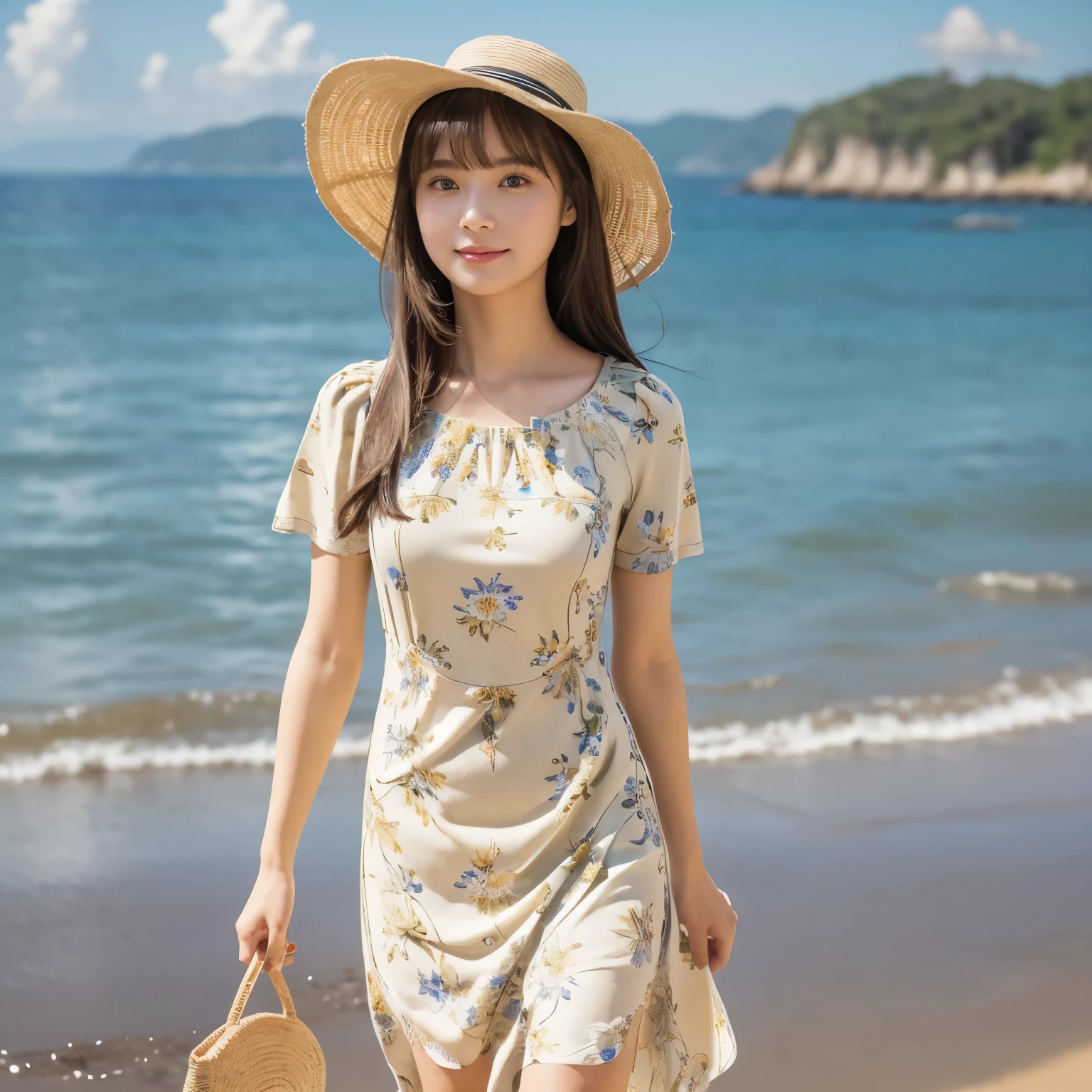 (Calm and gentle look:1.5), (Full Body Shot:1.1), (panorama:1.8), Cinema Lighting, ((Highest quality)), (RAW Photos, Highest quality), ( Realistic:1.4), realism, masterpiece, Very delicate and beautiful, Very detailed, 4k wallpaper, wonderful, finely, Very detailed CG unity 8k wallpaper, Very detailed, High resolution, Soft Light, Japanese, (one shot:1.9), (24-years-old:1.6), (Round face:1.2), (Fat:0.8), (A neat and clean woman:1.5), Beautiful detailed woman,Famous Japanese actresses, Detailed face, finelyて美しい目, Very detailedな目と顔, Beautiful eyes and a beautifully detailed nose, Ultra HD glossy lips, ( Straight Hair:1.4), Shiny Hair, Shiny Hair, Brown Hair, (bangs:1.4), Long, slender legs, Toned body, (Smiling:1.2), Natural Makeup, (LET IT PASS, Small floral pattern, Short sleeve dress:1.8), (A very intricate and elaborately decorated pale yellow dress:1.5), (Boater hat:1.2), Accentuate your body lines, (pumps:1.2), (Strolling along the beach:1.2), (Deep blue midsummer sky, cumulonimbus, The emerald green sea stretches out to the horizon:1.3),
