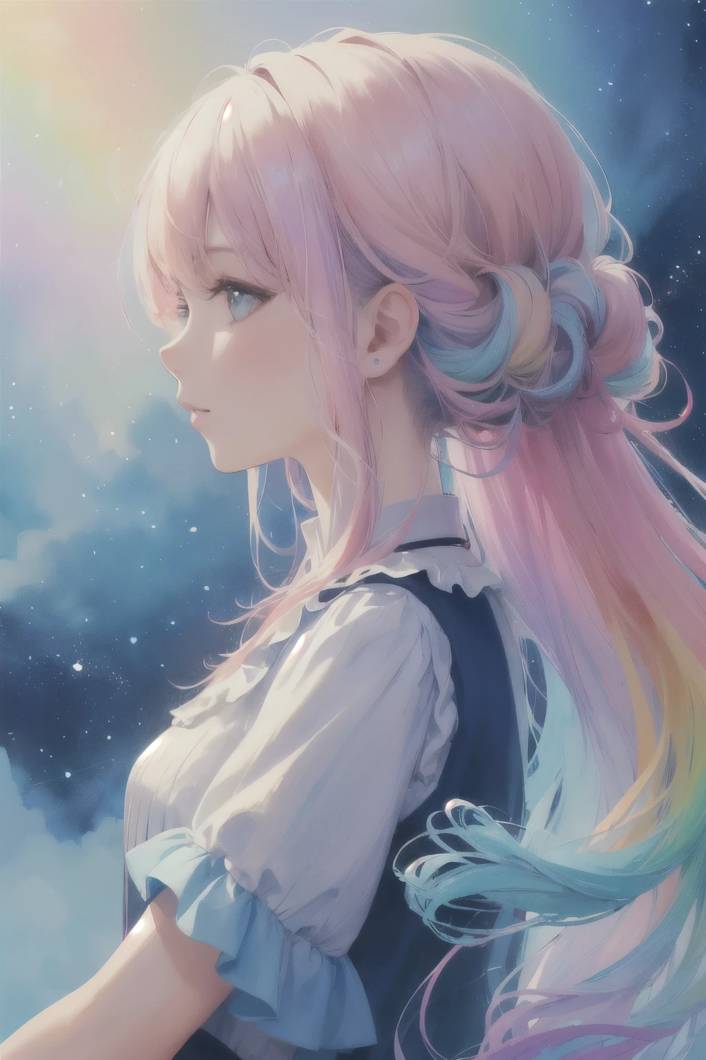(masterpiece, Highest quality, Highest quality,watercolor (Moderate),Official Art, beautifully、aesthetic:1.2),(One girl:1.3), (Fractal Art:1.3),Upper Body, From the side, View your viewers,pattern,(Rainbow Hair,colorful hair,Half Blue、Half pink hair:1.2),water,liquid, cloud,colorful, Starry sky,performer,