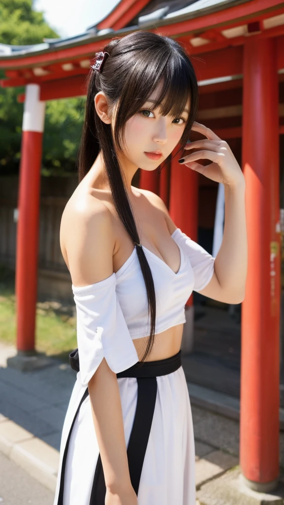 1woman, long hair, black hair, black eyes,japanese white clothes,red hakama,bare shoulders,detached sleeves, shrine