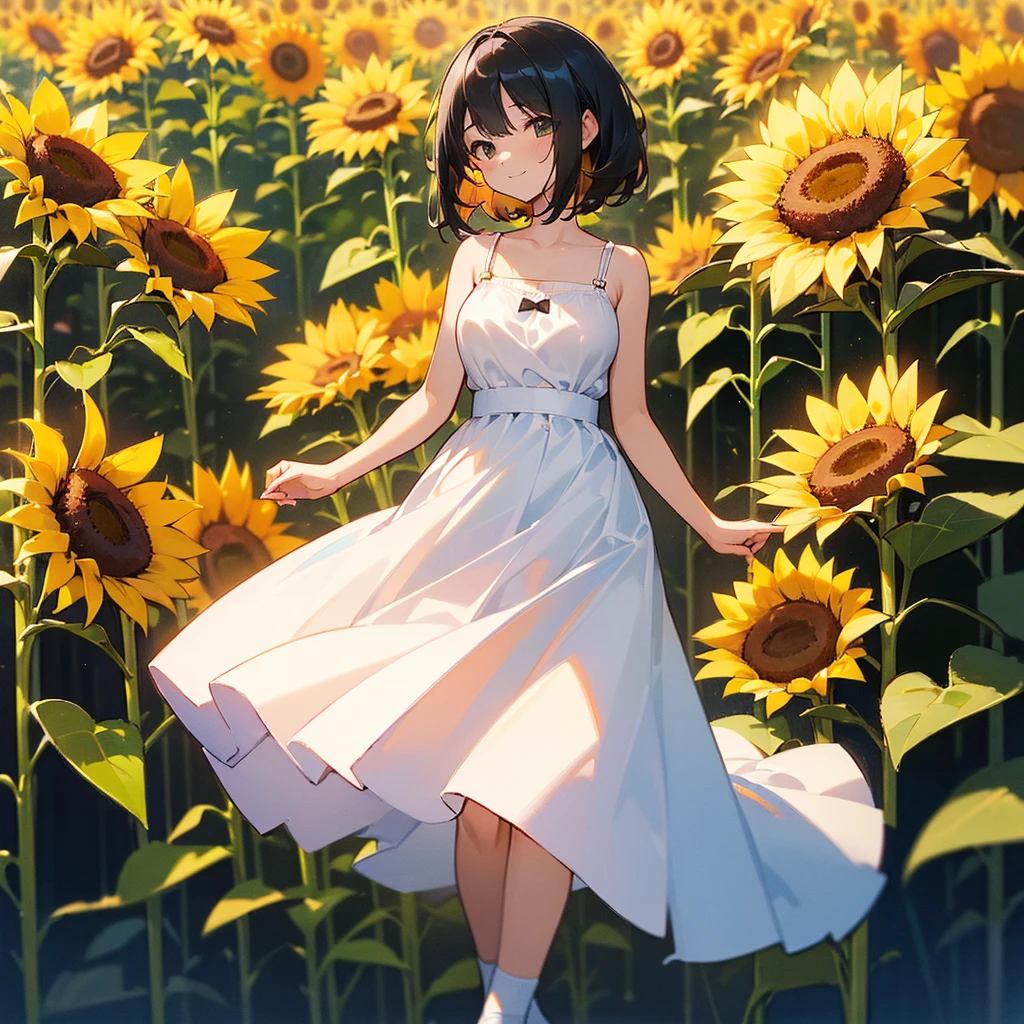 (high quality, High resolution, Very detailed, reality:1.37), Peaceful atmosphere, (Sunflower field), Teenage girl standing alone, (my breasts are big.), Beautiful details, Cute Smile, (Black bob hair), White camisole dress, White socks, loafers.