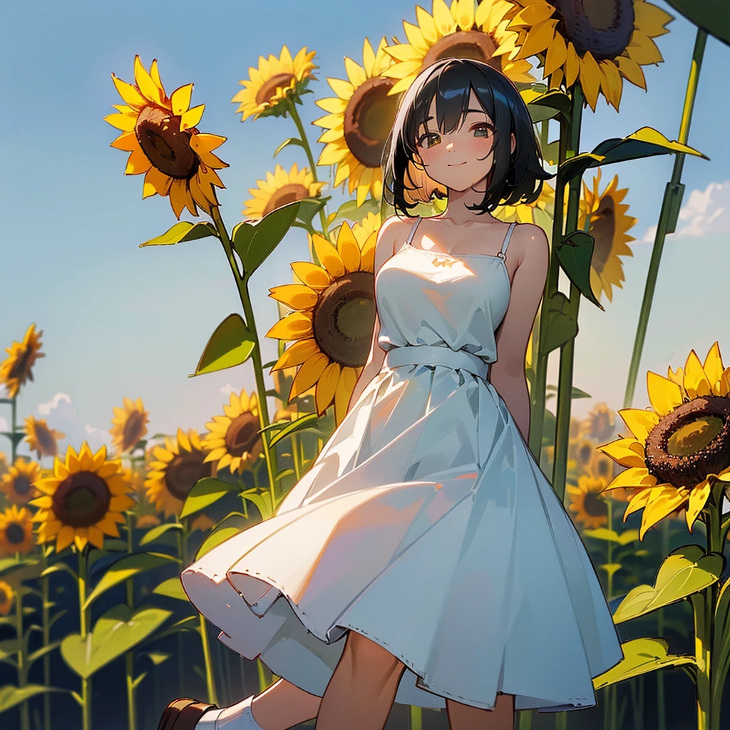 (high quality, High resolution, Very detailed, reality:1.37), Peaceful atmosphere, (Sunflower field), Teenage girl standing alone, (my breasts are big.), Beautiful details, Cute Smile, (Black bob hair), White camisole dress, White socks, loafers.