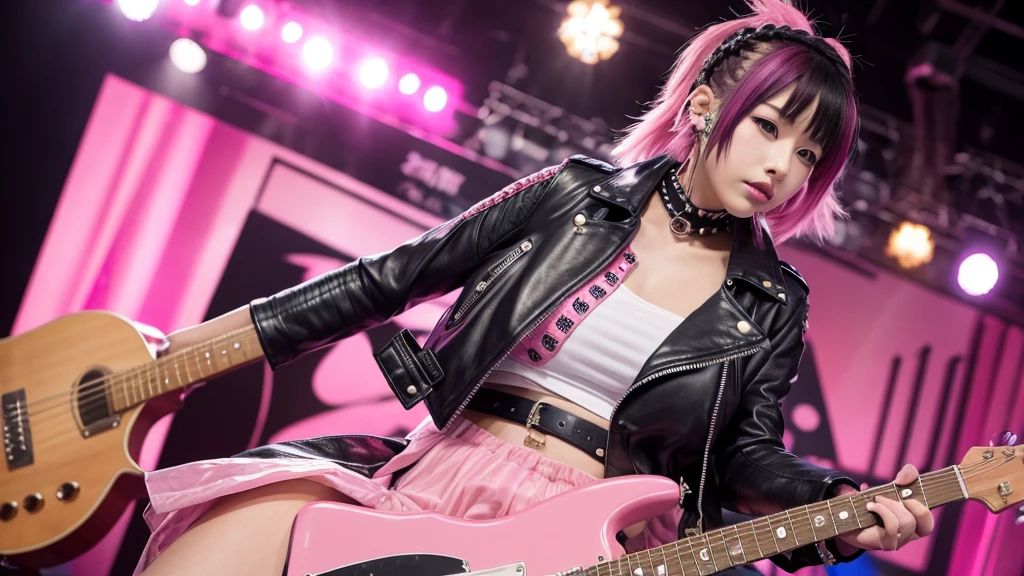 ((Masterpiece, best quality,edgQuality)), (detailed background, cowboy shot, playing electric guitar, concert, stage), 1girl, <lora:anime_guitarv1:0.8>, glossy, bimbo, smiling, excited, edgPastelGoth, a woman with pink hair and fishnets posing for a picture, leather jacket, sunglasses, skirt, wearing edgPastelGoth, cleavage,  <lora:edgPastelGothFashionv1:1>