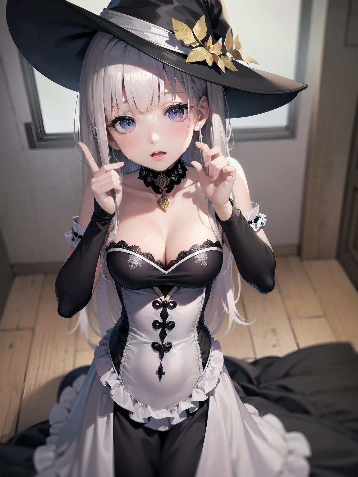 masterpiece, illustration, super detailed, kawaii, one girl, solo, witch in super cute pose, bed room, cowboy shot ,sfw, Dynamic angle