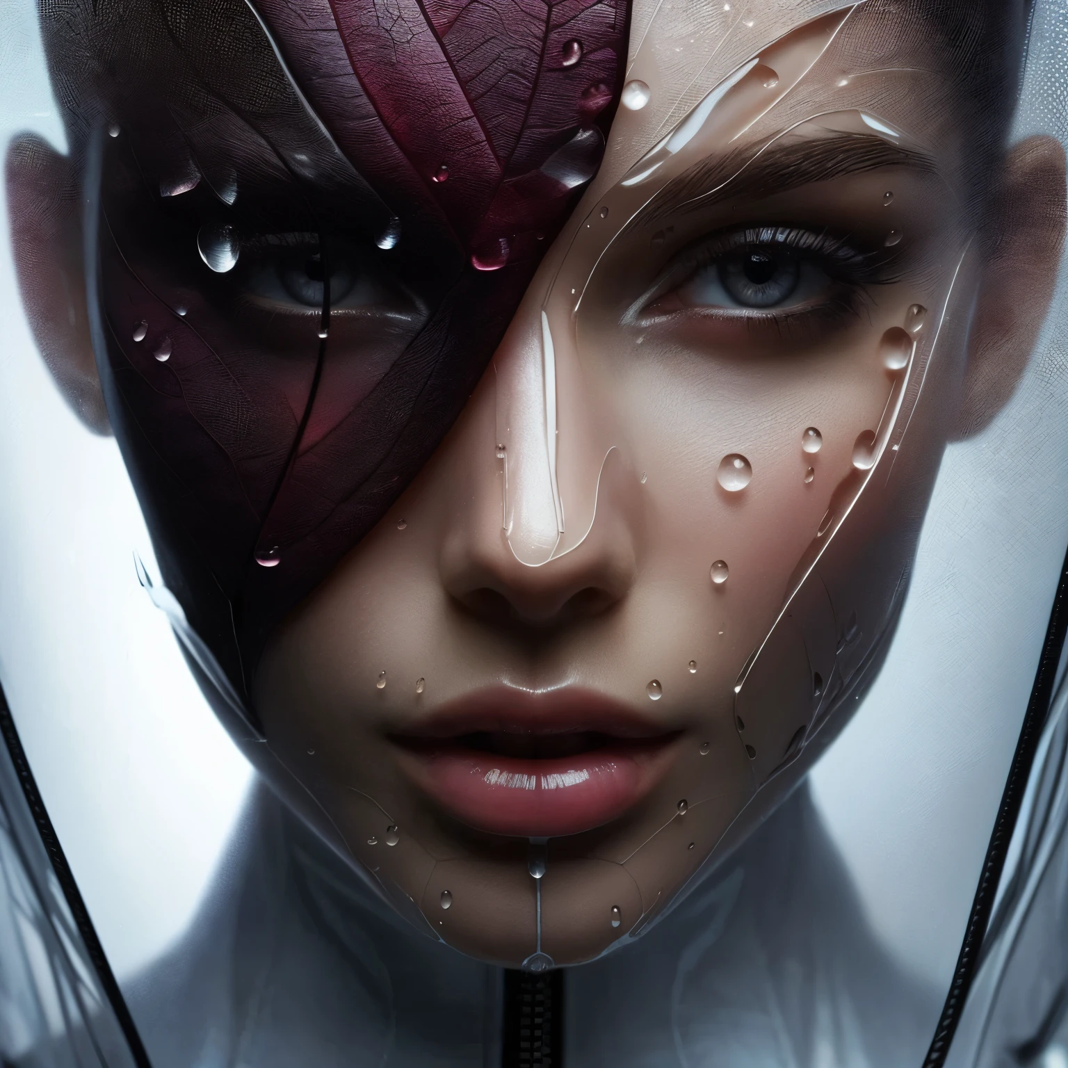 High contrast image, close up image of a dark maroon leaf with water droplets, subtle colored reflected by water droplets reflecting the beauty of a young woman, ultra tall ultra beautiful tech fashion woman, high cheekbones, white fabric, white plastic suit cover, futuristic tech design skin, tech imbedded in suit fabric, standing in transporter holodeck, full body shot, closeup, model dance, dynamic pose, sci fi