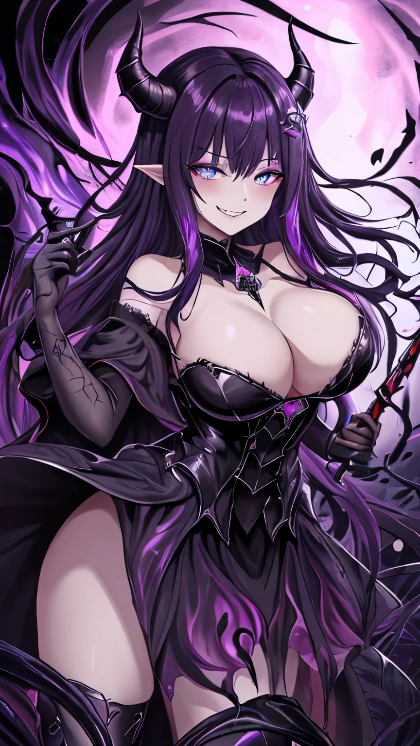 Esoteric arachnids lady, Spider Queen Elise, League of Legends, Esoteric arachnids, Combat Stance, ( body formed from metallic mauveine and metallic black liquid metallic paint twisting into a beautiful interpretation of the female figure), length, Sharp Fangs, nature, ((Complex metallic colors in the foreground)), (( Fluid Mechanics, The most beautiful smooth scale face makeup, Smirking expression)) - Dark blood, Onyxia、Noir painting of a beautiful young witch, length purple hair, dark purple lips, evil, evil female, smile, Black Prom Dress, She is coming to you, close, Bright Blue Eyes, Surrounded by swirling pink smoke, Genuine, High detail, Highest quality、A beastly demon wields a vicious Blade, Blood Chain, Behemoth Bones, Snake-like tentacles, Cruel Teeth, Expressions of madness, Oppressive Dungeon. 8K Vision Reveals Fear, Ultra HD detail makes monsters stand out, Grotesque shadows dance, The creature whispers, Stifling atmosphere, Vision problems, Visible Madness. Blade, A flash of evil intent shines, reflect (Light) Beyond the Darkness, Elucidate (Sharp details) and、Add a dizzying dimension to the impending chaos.