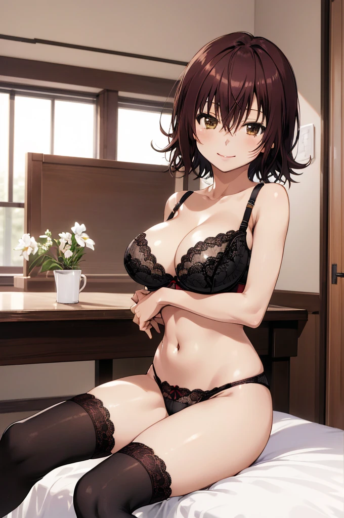masterpiece, best quality, highres, aaryouko, short hair, , black thighhighs, indoors, , chair, smile, closed mouth,,(((lace panties,bra))),,on bed