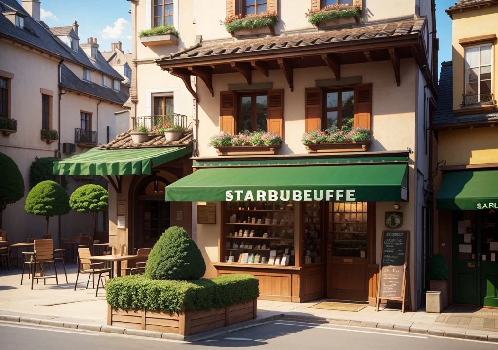 Starbucks,Ghibli style,Terrace seats,European style,
