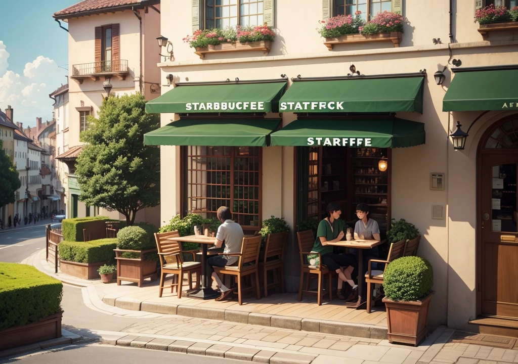 Starbucks,Ghibli style,Terrace seats,European style,