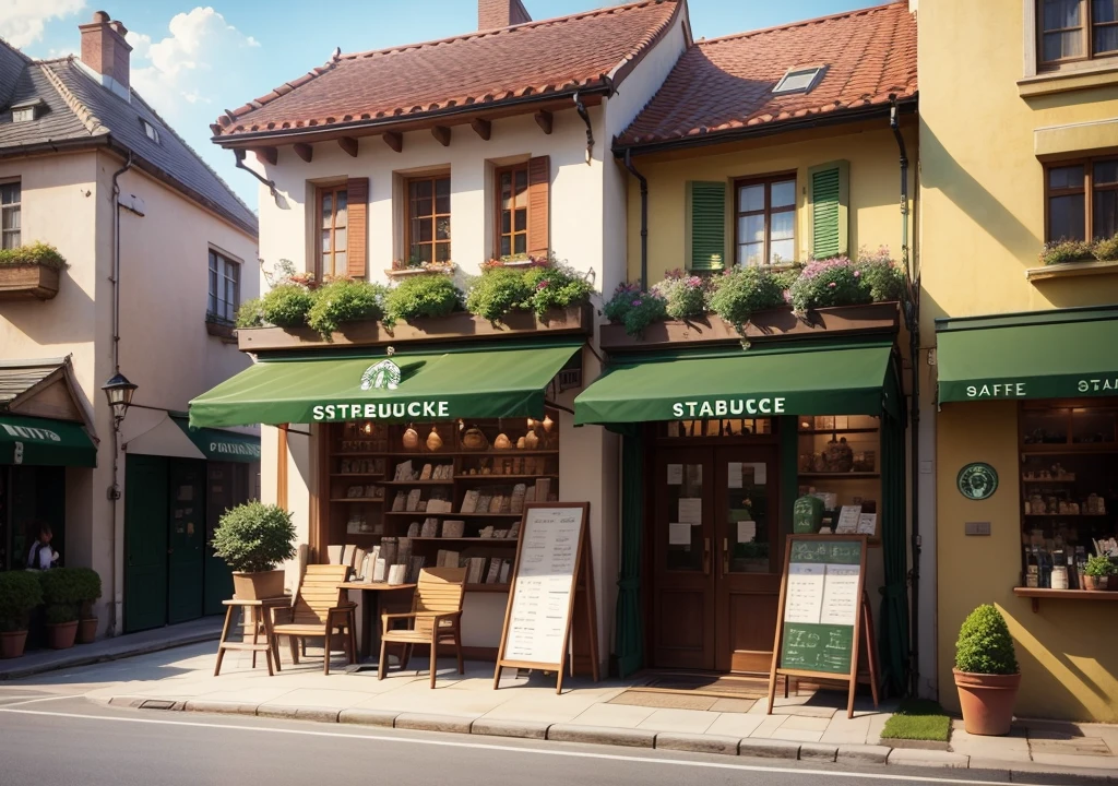 Starbucks，Ghibli style,Terrace seats,European style,