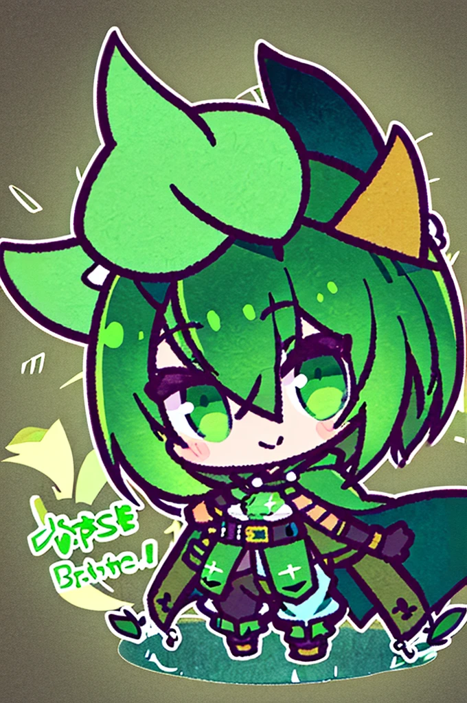 green hair, green sclera, green eyes, colored skin, green skin, domino mask, cape, simple backgtound, hood black jacket, brown pants leaf, chibi