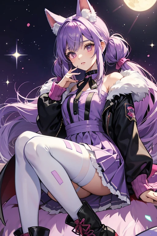 Furry is a fair-skinned girl with black button eyes and pale pink cheeks. Her purple hair is worn in low pigtails with points, giving them a vague appearance of a bat's wing. A blue monster hoodie is worn over it.
Furry wears a tulle magenta dress with a secondary layer to her skirt that is powder blue in color to match the neck and her fluffy boots. She also has white and black striped pantyhose, and at her neck is a bright, light green bow. She also has fuzzy boots, and underneath all the fuzziness, she has little red monster feet. SPARKLE; GLITTER