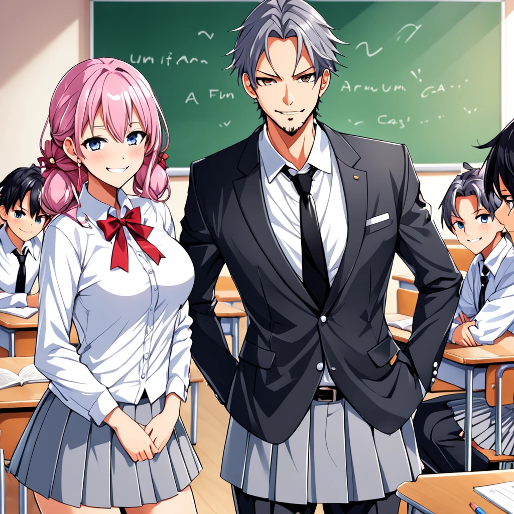 (1 male person:uniforme de estudante、black necktie、The jacket is a gray jacket, white shirt, gray pants、Just one ear, Bblack hair 、gray eyes、a smirk,a gorgeous、refreshing)、(1womanl:long pink hair、blue colored eyes、小柄、Best Style、white shirt、Red loop、uniforme de estudante、grey pleated skirt、F-cup)、(((um casal、flerting)))、a smirk、Classroom、