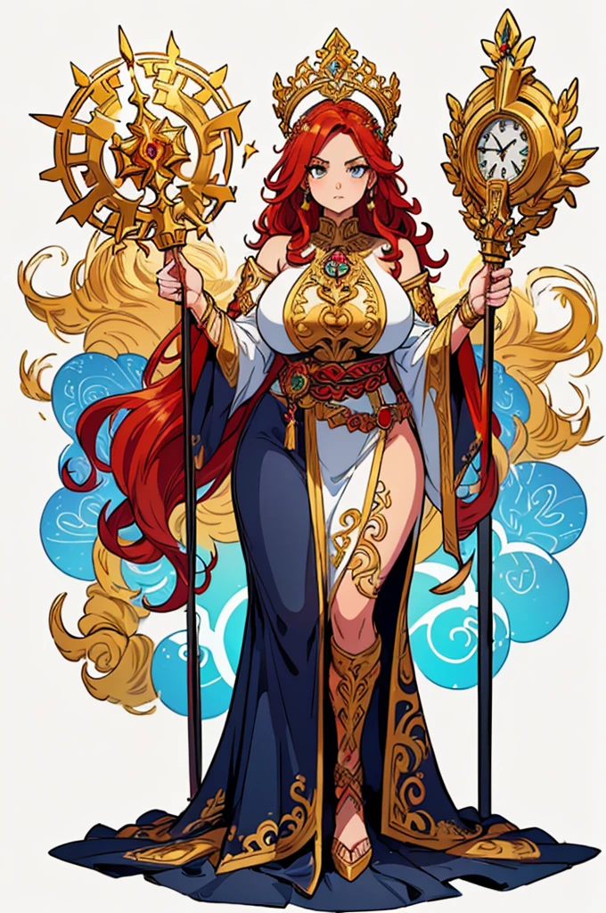 (masterpiece, best quality, high resolution, (huge breasts) divine woman, divine-looking Nordic deity costume with golden jewelry, wavy hair, red hair, Nordic goddess setro in the right hand ,(white background ,Stickers.Redmond ), ((full body standing)),
