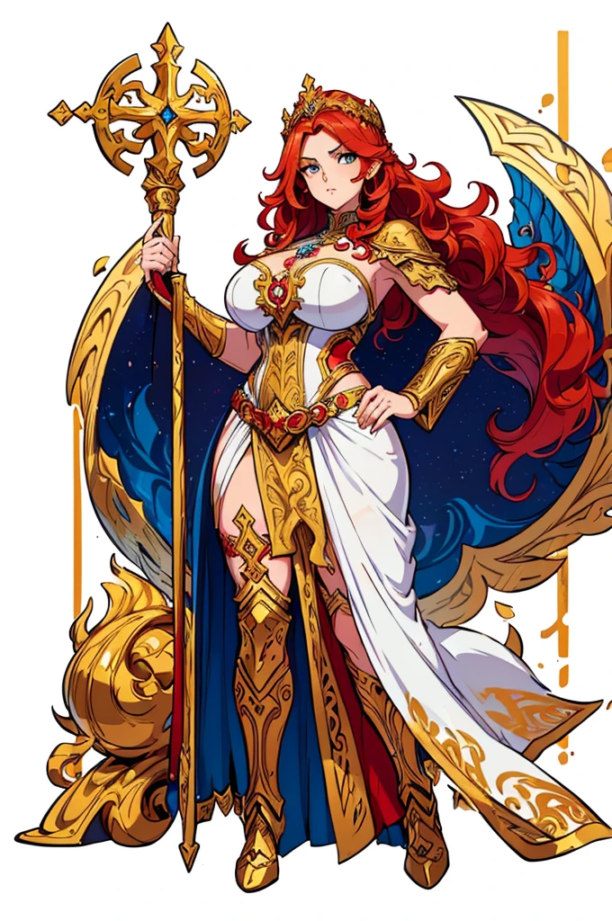 (masterpiece, best quality, high resolution, (huge breasts) divine woman, divine-looking Nordic deity costume with golden jewelry, wavy hair, red hair, Nordic goddess setro in the right hand ,(white background ,Stickers.Redmond ), ((full body standing)),
