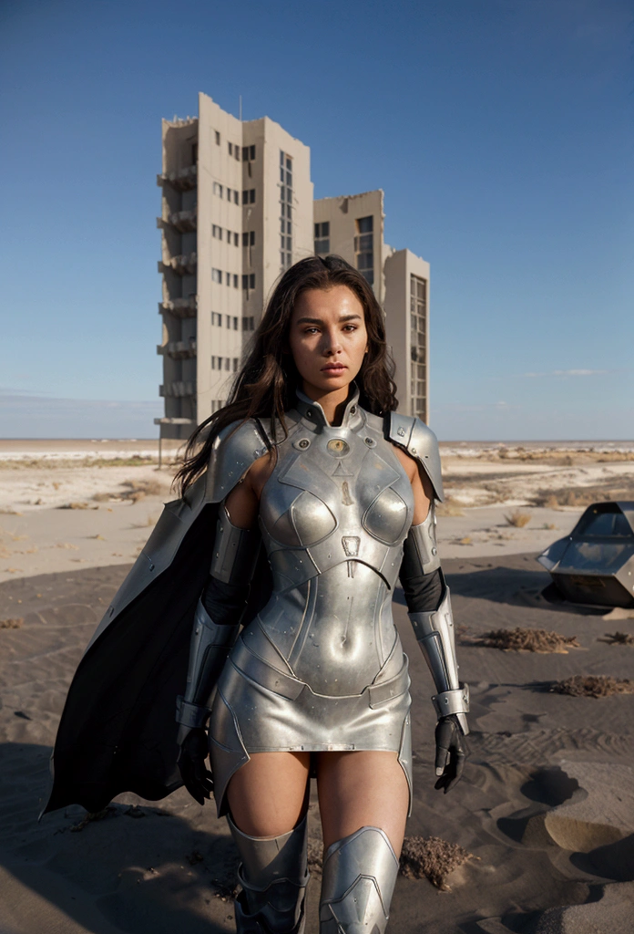 A supermodel short dress stands in the middle of a ruined city, the sun blazing in the clear sky above. The futuristic suit is sleek and armored, with reflective surfaces and built-in technology. Surrounding her are vast, endless dunes of dark sand stretching to the horizon, with occasional abandoned structures partially buried. The scene is stark and otherworldly, emphasizing both the harshness of the environment and the advanced nature of her equipment
