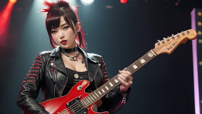 Japanese young beautiful girl idol、Playing guitar、Red Mohawk、Expose large breasts、Skin-revealing punk fashion、Leather jacket covered in studs、Full body tattoos、