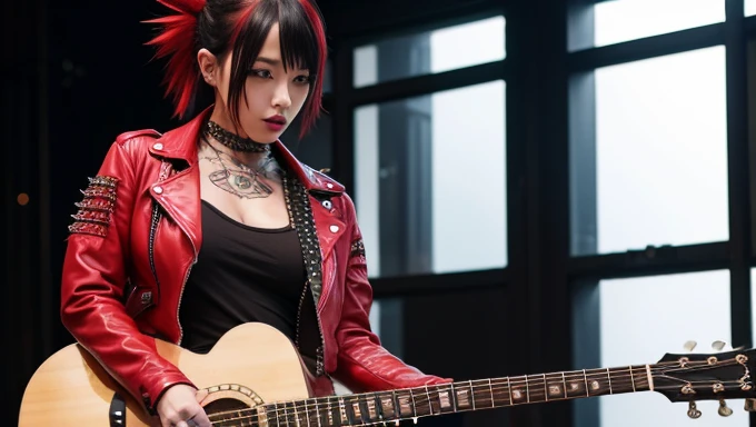 Japanese young beautiful girl idol、Playing guitar、Red Mohawk、Expose large breasts、Skin-revealing punk fashion、Leather jacket covered in studs、Full body tattoos、
