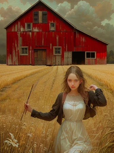 painting of a woman in a field with a barn in the background, inspired by Andrea Kowch, by Andrea Kowch, brad kunkle elson peter, next to a red barn, inspired by Brad Kunkle, southern gothic art, brad kunkle detailed, american realism style, american gothic style, aron wiesenfeld dark fantasy, by Brad Kunkle