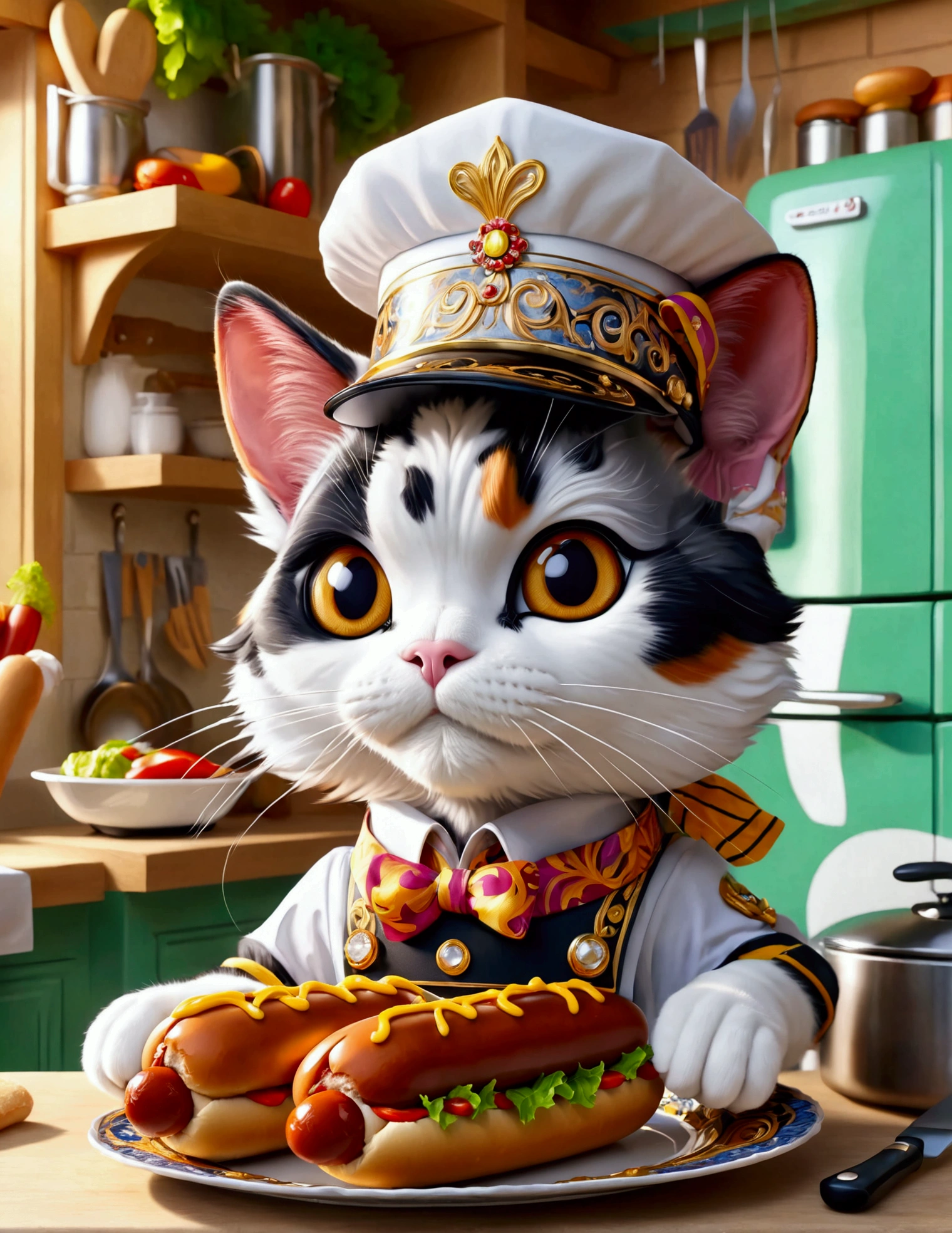 (Close-up of anthropomorphic calico cat presenting ornate plate with two hotdogs:1.3) in (dynamic pose:1.0), (stylish branded shirt:1.2), (worker cap:1.2), (colorful apron:1.1), modern kitchen with refrigerator and cooking station, intricate design, bright colors, masterpiece in maximum 16K resolution, best quality, ultra detailed, aesthetics, absurdes.
