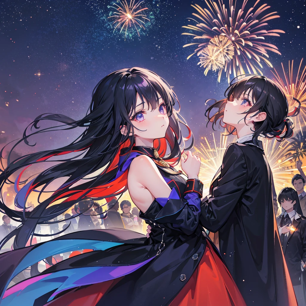 A mesmerizing scene featuring a young girl with shoulder-length black hair, wearing a dark blue jacket, standing amidst a large crowd at night. The sky is illuminated by a stunning display of fireworks, bursting into vibrant colors of red, orange, and purple. The fireworks fill the night sky, casting a magical glow over the scene. The girl stands with her back to the viewer, looking up in awe at the dazzling spectacle. The crowd around her is also captivated by the fireworks, their silhouettes highlighted by the bright lights. The overall atmosphere is festive and enchanting.