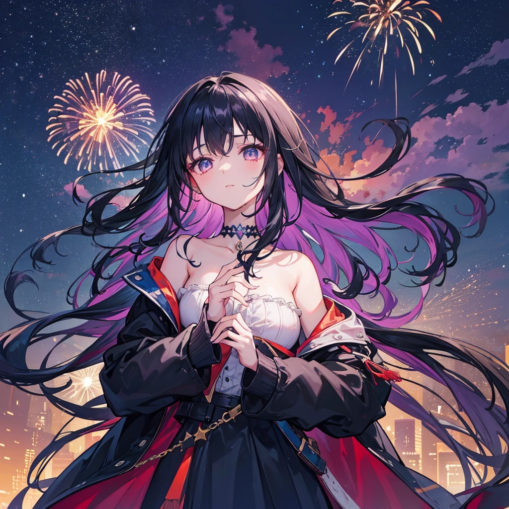 A mesmerizing scene featuring a young girl with shoulder-length black hair, wearing a dark blue jacket, standing amidst a large crowd at night. The sky is illuminated by a stunning display of fireworks, bursting into vibrant colors of red, orange, and purple. The fireworks fill the night sky, casting a magical glow over the scene. The girl stands with her back to the viewer, looking up in awe at the dazzling spectacle. The crowd around her is also captivated by the fireworks, their silhouettes highlighted by the bright lights. The overall atmosphere is festive and enchanting.