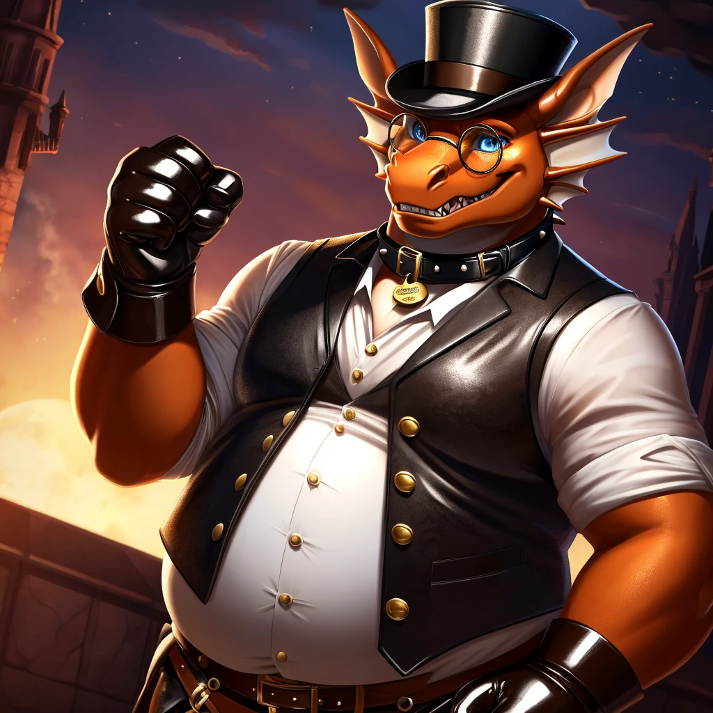 Solo, Male, fat, extremely obese, gentleman, dapper Professor Dragon, blue eyes, (posing:1.3), (soft shading), 4k, hi res, ((detailed face, detailed)), looking at viewer, mouth wide open, steampunk, collared shirt with buttons, top hat, male focus, Explorer Outfit, glasses, monocle, vest with buttons, sleeves rolled up, round eyewear, brown headwear, brown vest, Dragon is wearing a glossy leather dog collar around the neck, Dragon is wearing the leather collar and shirt and vest at the same time, Dragon is wearing glossy white rubber gloves on the hands, wearing white rubber gloves on the feet, gloves are rubber in texture, clenching teeth, clenching fists, leather collar is glossy and shiny with a lot of detail, Dragon is wearing gloves and leather collar at the same time, leather collar has a round dog-tag, leather collar is thick and detailed, leather collar is glossy and shiny, fancy clothing, dapper vest, dapper shirt, leather collar is thick, brass studs around the leather collar.