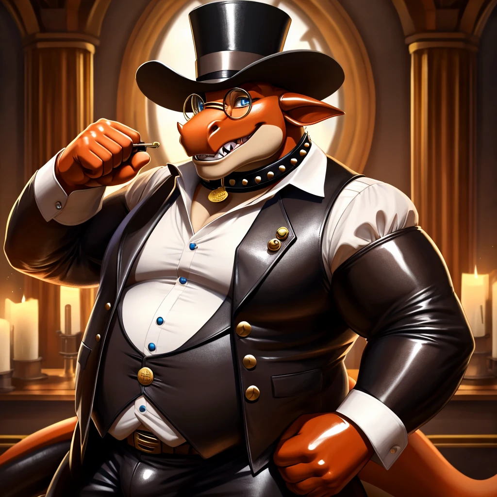 Solo, Male, fat, extremely obese, gentleman, dapper Professor Dragon, blue eyes, (posing:1.3), (soft shading), 4k, hi res, ((detailed face, detailed)), looking at viewer, mouth wide open, steampunk, collared shirt with buttons, top hat, male focus, Explorer Outfit, glasses, monocle, vest with buttons, sleeves rolled up, round eyewear, brown headwear, brown vest, Dragon is wearing a glossy leather dog collar around the neck, Dragon is wearing the leather collar and shirt and vest at the same time, Dragon is wearing glossy white rubber gloves on the hands, wearing white rubber gloves on the feet, gloves are rubber in texture, clenching teeth, clenching fists, leather collar is glossy and shiny with a lot of detail, Dragon is wearing gloves and leather collar at the same time, leather collar has a round dog-tag, leather collar is thick and detailed, leather collar is glossy and shiny, fancy clothing, dapper vest, dapper shirt, leather collar is thick, brass studs around the leather collar.