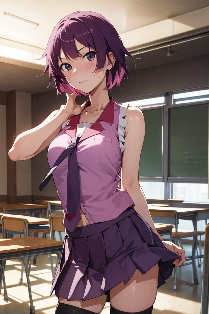 masterpiece, best quality, highres, sh1, senjougahara hitagi, short hair, sleeveless, necktie, , pleated skirt, black thighhighs, pink shirt, cowboy shot, classroom