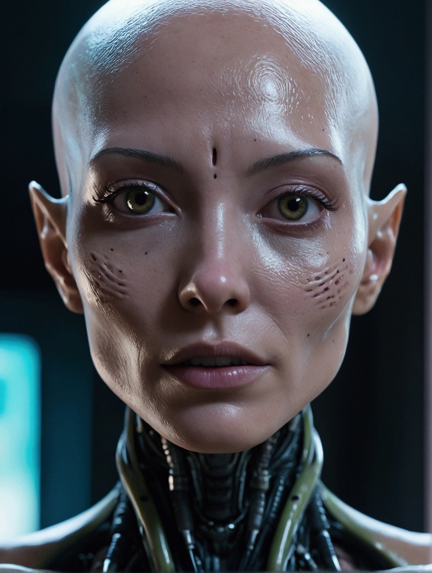 a close up of a woman skin head with a weird face and a weird head, from a cyber sci fi 8 k movie, movie still of a alien cyborg, movie still of the alien girl, unreal engine : : rave makeup, cyborg goddess in cosmos, love death + robots, sci - fi film still, ash thorp, vfx film closeup