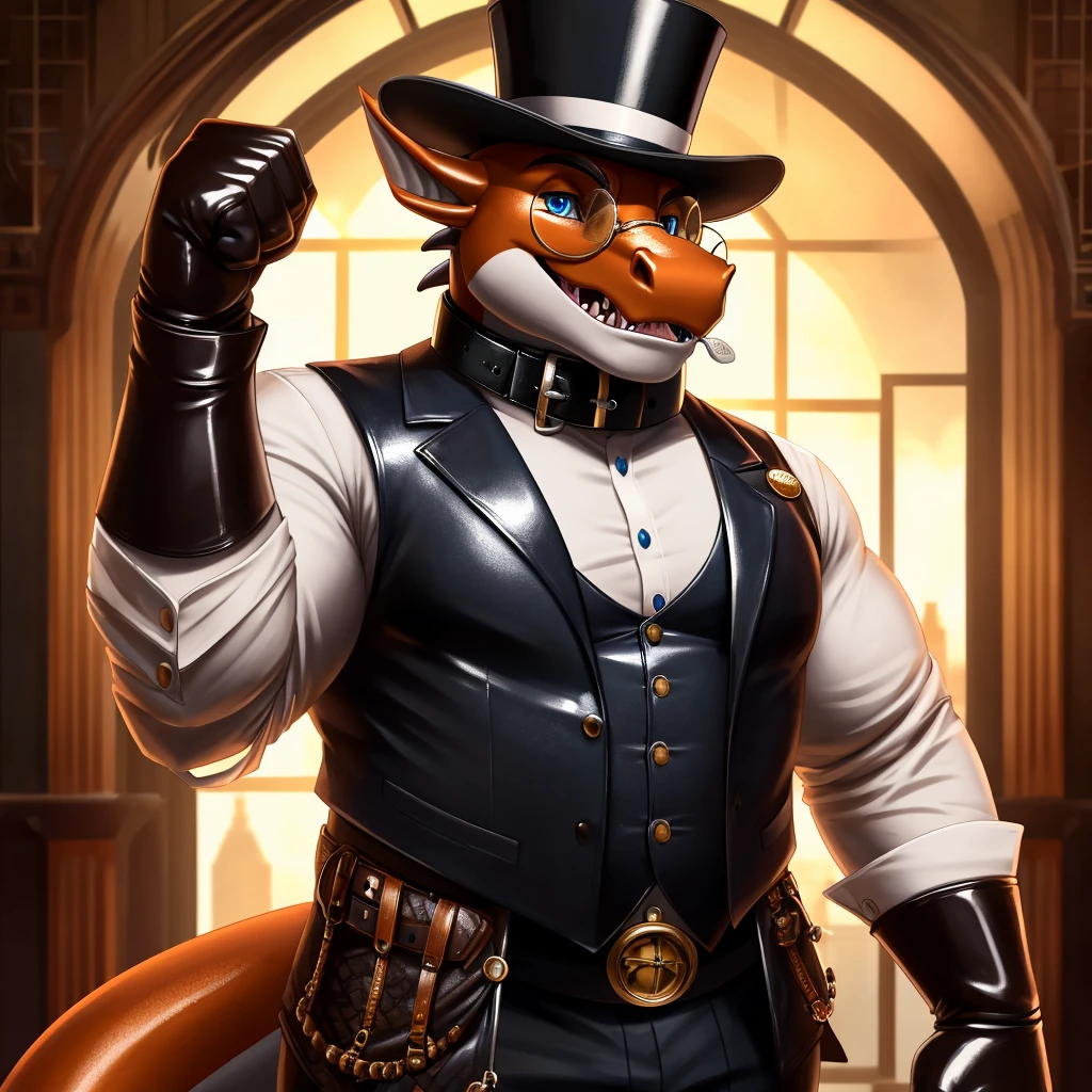 Solo, Male, fat, extremely obese, gentleman, dapper Professor Dragon, mob boss, blue eyes, (posing:1.3), (soft shading), 4k, hi res, ((detailed face, detailed)), steampunk, looking at viewer, mouth wide open, dapper clothing, collared shirt with buttons, top hat, male focus, Explorer Outfit, glasses, monocle, vest with buttons, sleeves rolled up, round eyewear, brown headwear, brown vest, office, Dragon is wearing a glossy leather dog collar around the neck, Dragon is wearing the leather collar and shirt and vest at the same time, Dragon is wearing glossy white rubber gloves on the hands, wearing white rubber gloves on the feet, gloves are rubber in texture, clenching teeth, clenching fists, leather collar is glossy and shiny with a lot of detail, Dragon is wearing gloves and leather collar at the same time, leather collar has a round dog-tag, leather collar is thick and detailed, leather collar is glossy and shiny, fancy clothing, dapper vest, dapper shirt, leather collar is thick, glossy leather collar, dapper leather collar.