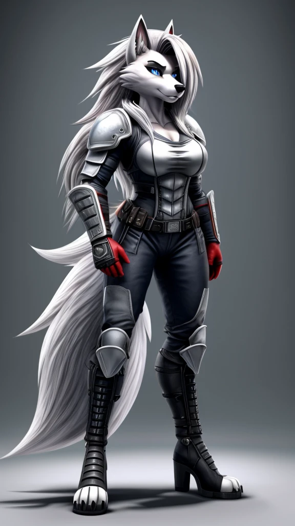 Loona from Helluva Boss, female wolf, anthro, white hair, blue eyes, mature adult, tall, muscular, tomboy, massive female, full military combat armor, standing, solo, beautiful, high quality, clear background, 4K