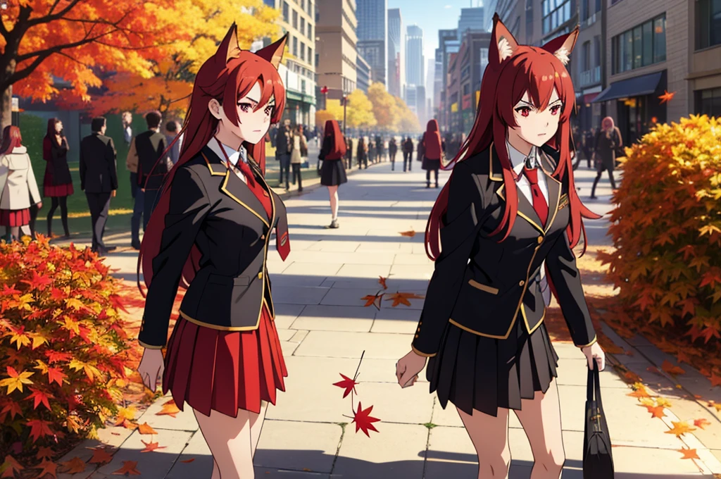 ((beautiful face)),1girl ,20s,mature female,(red hair),long hair,red eyes,fox ears,(autumn leaves,city,outdoors),serious,necktie,black jacket, blazer,long sleeves,pleated skirt,looking ai view,feet out of frame,falling leaves,parted lips