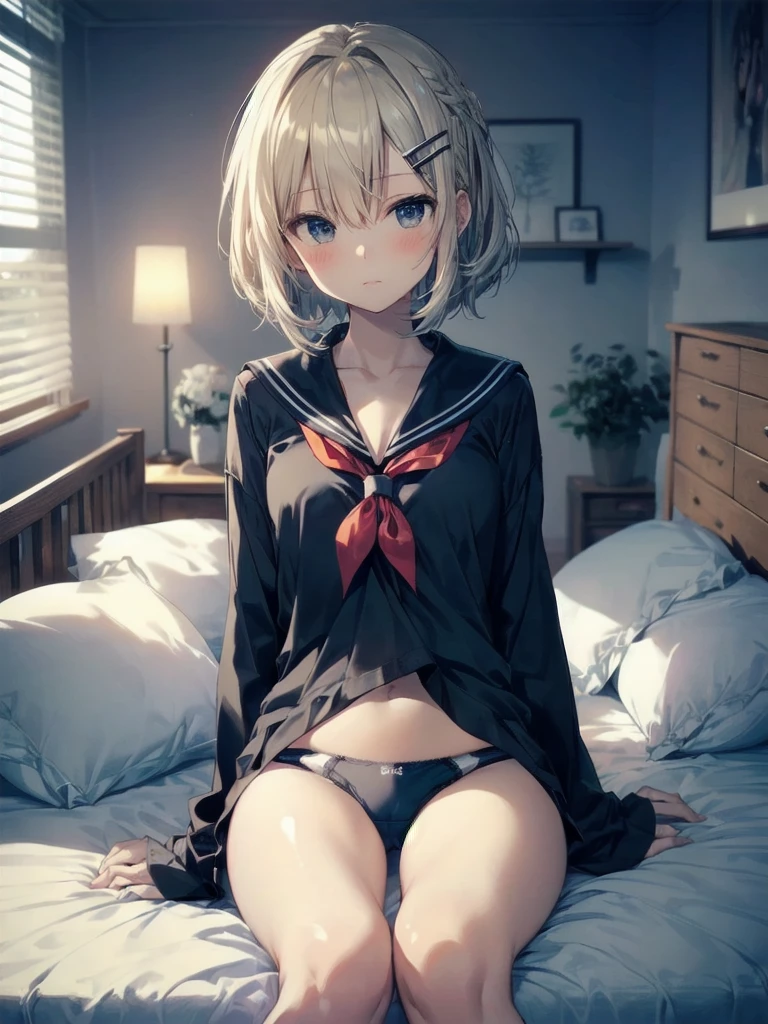 Highest quality, Anime Moe Art Style,Best Anime 8K Konachan Wallpaper,pixiv contest winners,Perfect Anatomy, (obscene,lure,Get naked,Beautiful, long legs ),break, 1 Girl, (alone,,,:1.3),high female underwear, short hair, amount, (Hair above one eye:1.7),All limbs, Full Finger,Big breasts, Between the legs, Small eyes,accurate black eyes, Hair Clip, (Sailor suit:1.5),(female underwear:1.5) skirt,bed room. break,Very detailed,High resolution,ultra high density skin, Professional Lighting,8K eye detail, (Cute illustrations:1.2),hair，Expressionless，(Hair on one eye:1.5)，Sailor suitlure,Spread your legs and wait.Big breasts,female underwear,i