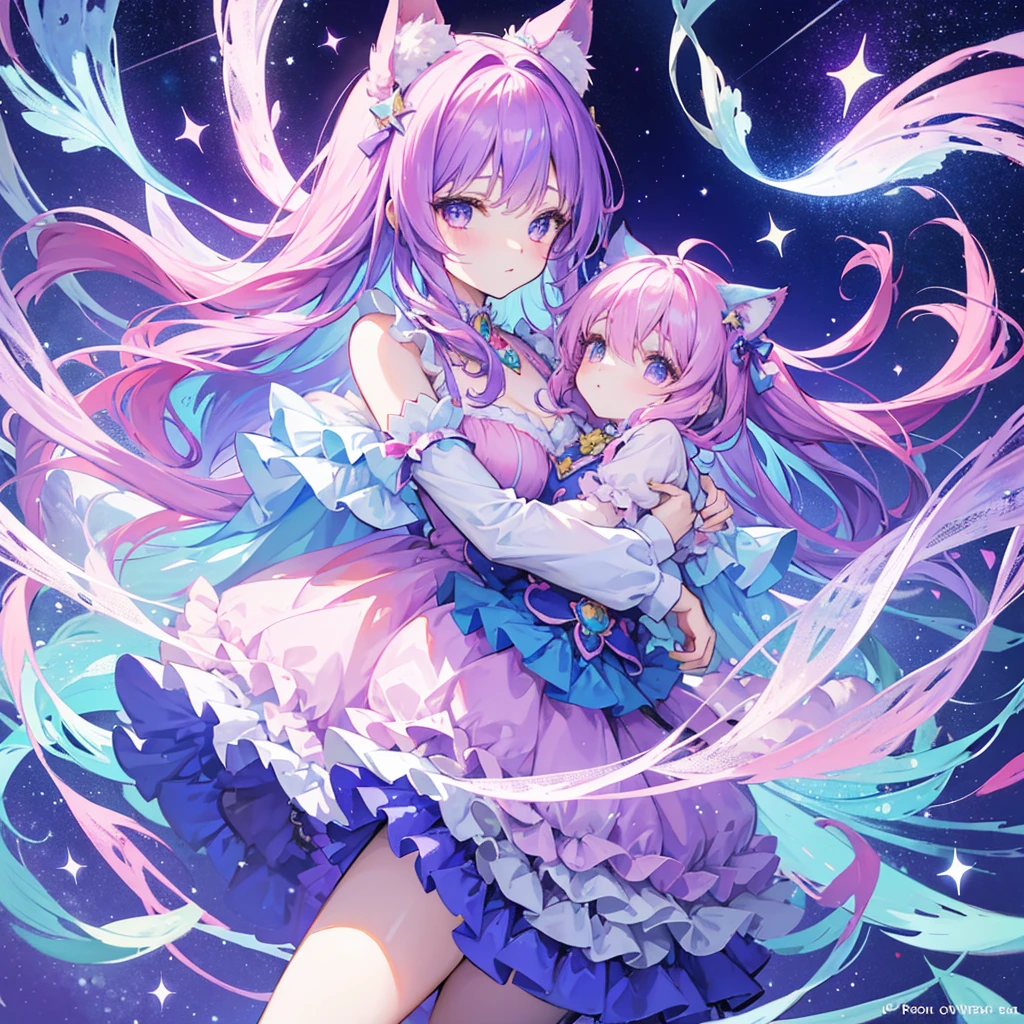 A whimsical and colorful illustration of a young girl with cat ears and long flowing hair, styled in pastel shades of blue, pink, and purple. She is dressed in a frilly, ruffled outfit with multiple bows and accessories, exuding a playful and magical aura. The girl's large eyes are bright and expressive, adorned with sparkles that reflect the surrounding vibrant colors. She holds a small, cute creature in her arms, adding to the overall enchanting atmosphere. The background is filled with twinkling stars and abstract shapes in various pastel hues, creating a dreamy, fantastical setting.